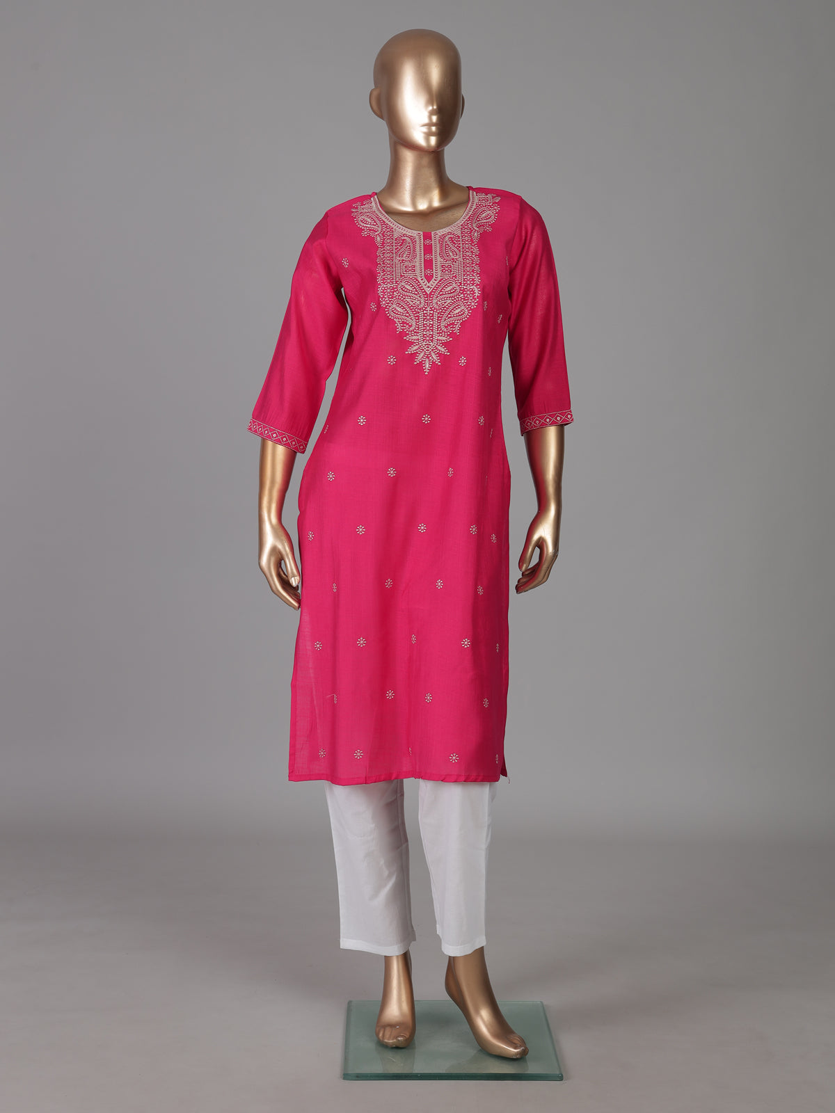 Rani pink white embroidered cotton silk kurti