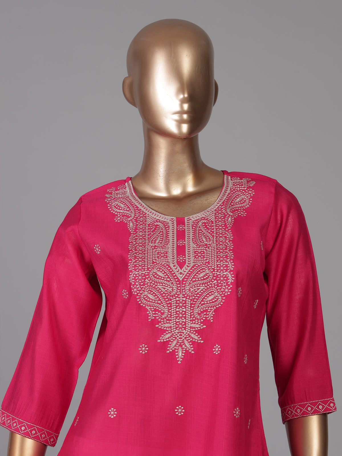 Rani pink white embroidered cotton silk kurti