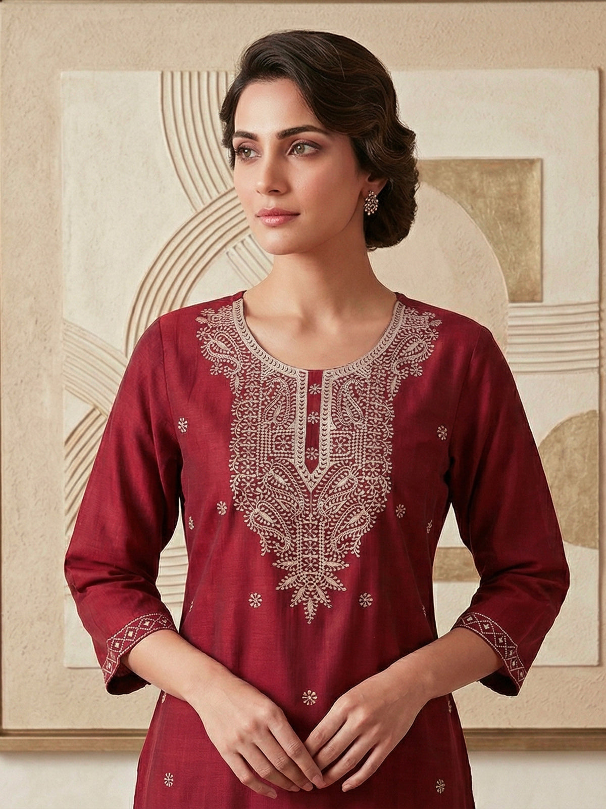 Maroon white chikankari cotton silk kurti with floral buttas