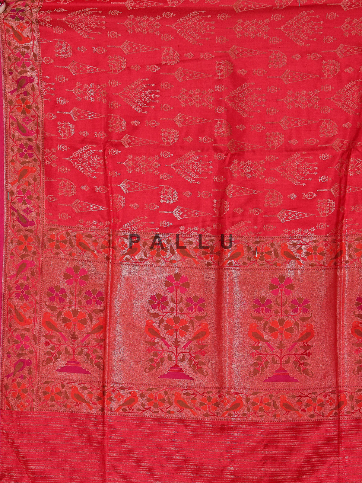 Red pure banarasi silk floral bird saree