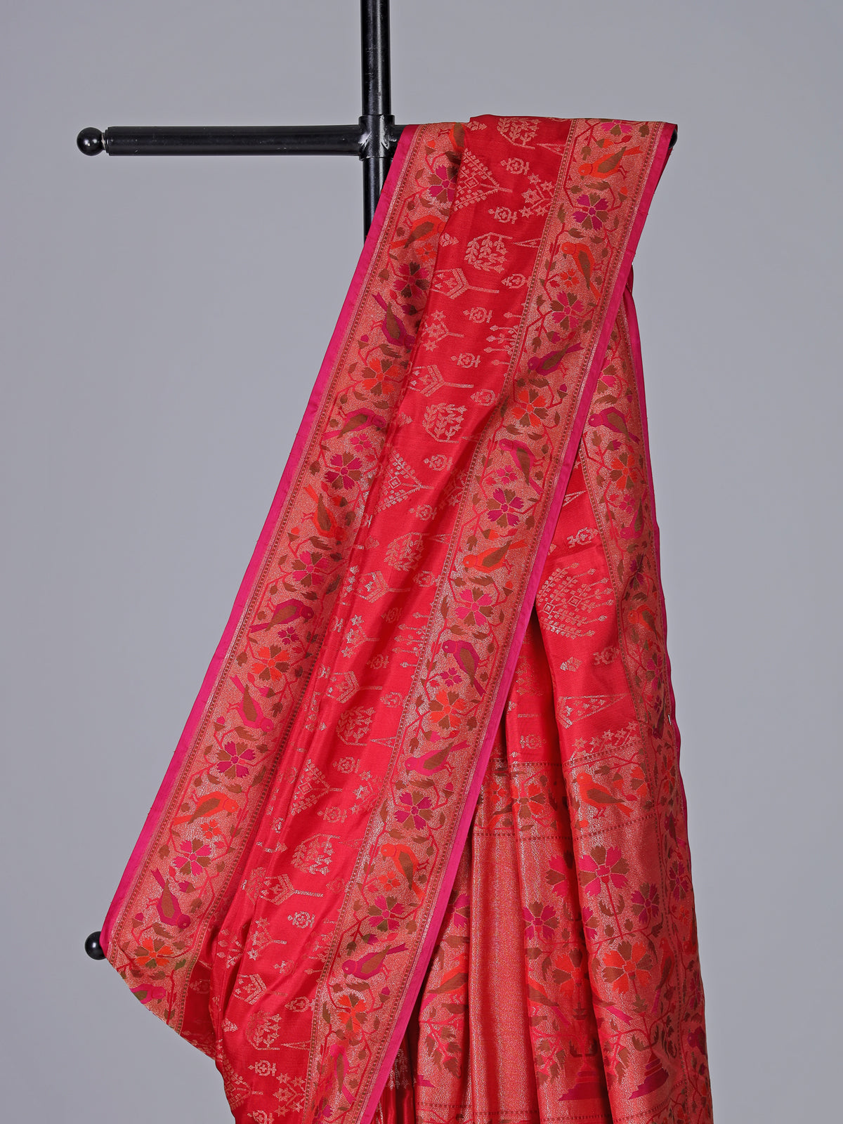Red pure banarasi silk floral bird saree