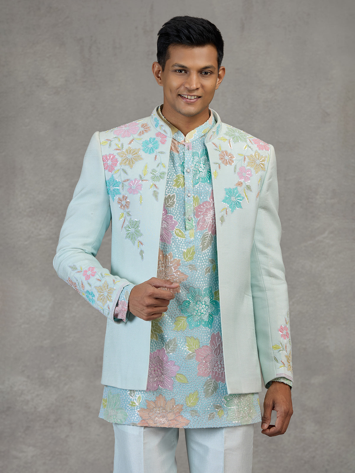 Sky blue silk Indowestern set for reception wear