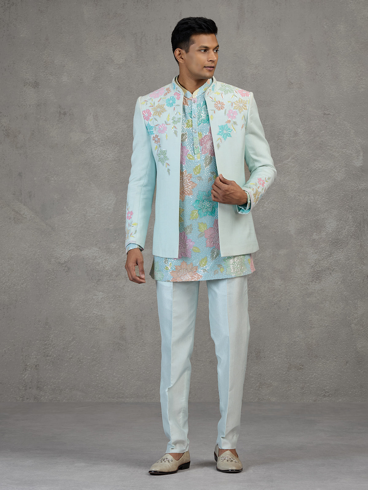 Sky blue silk Indowestern set for reception wear