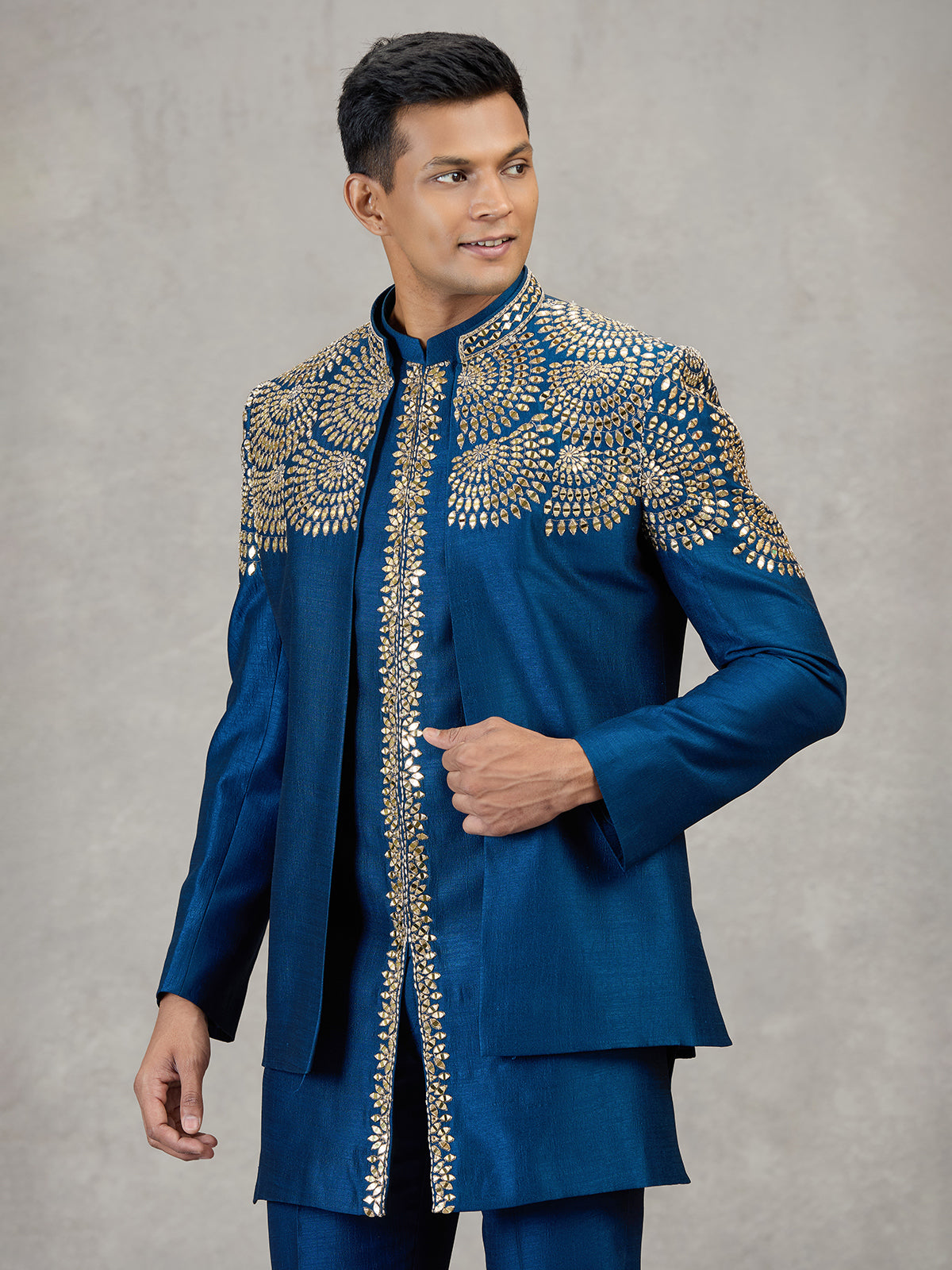 Dark blue silk Indowestern set with mirror work