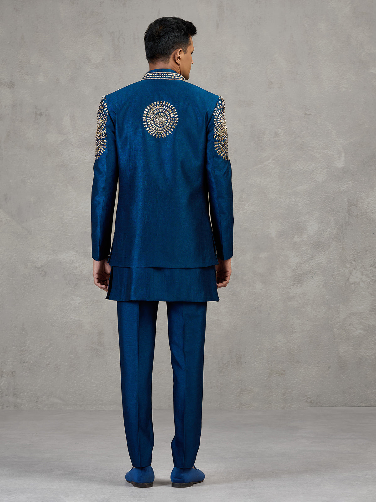 Dark blue silk Indowestern set with mirror work
