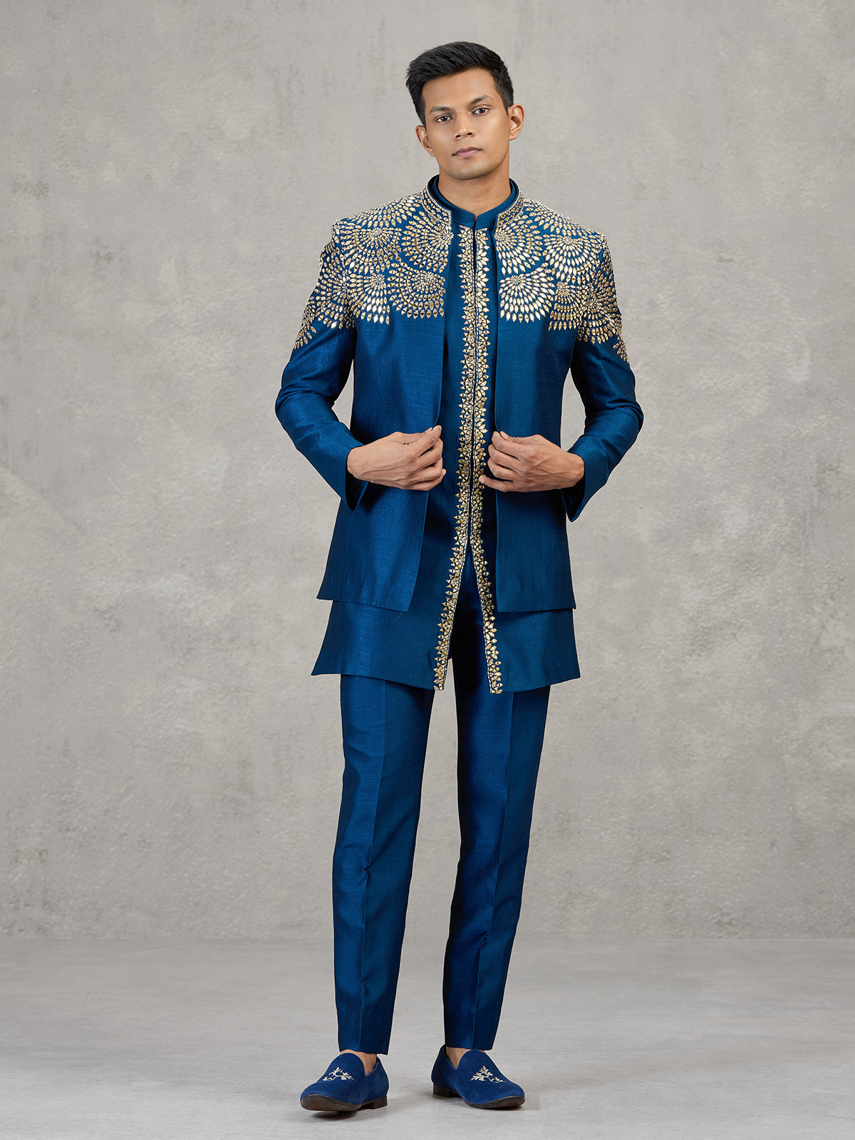 Dark blue silk Indowestern set with mirror work