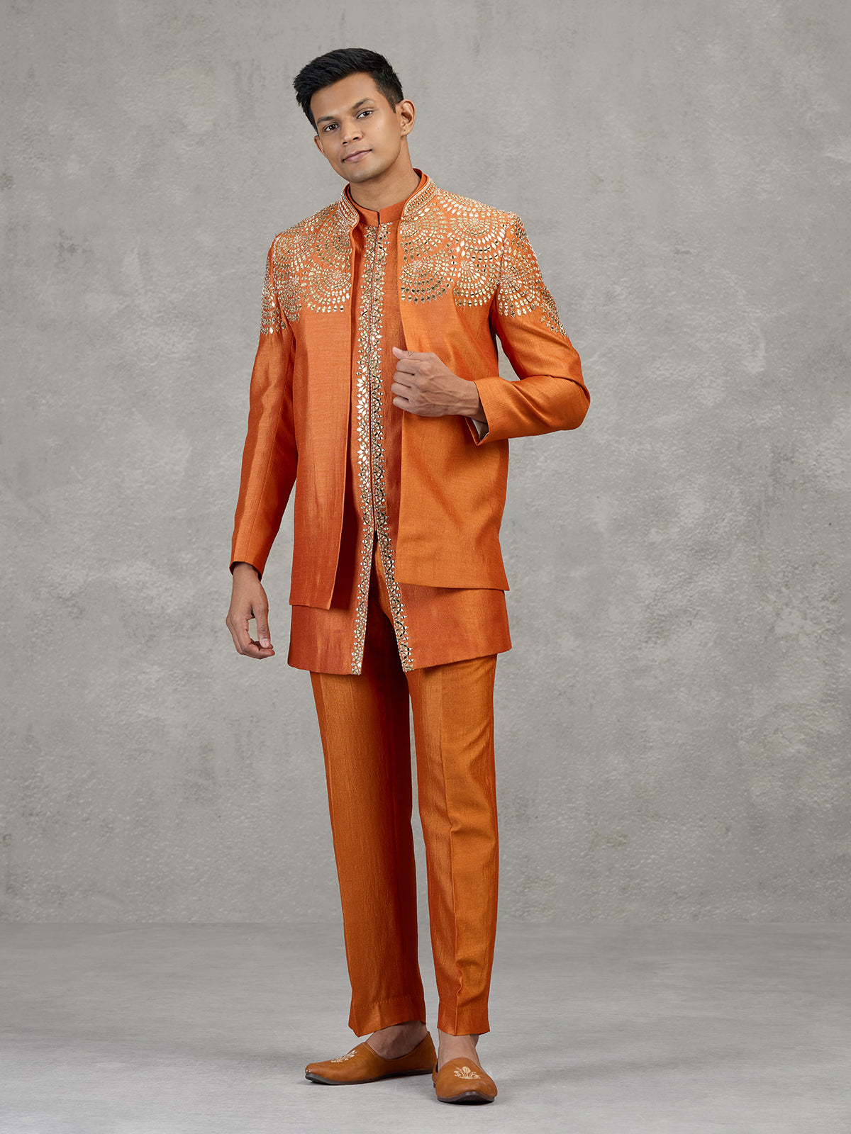 Orange silk wedding wear Indowestern set with mirror work
