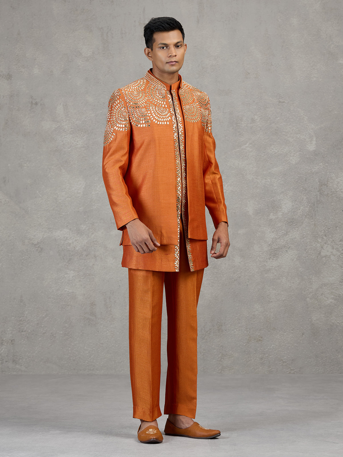 Orange silk wedding wear Indowestern set with mirror work