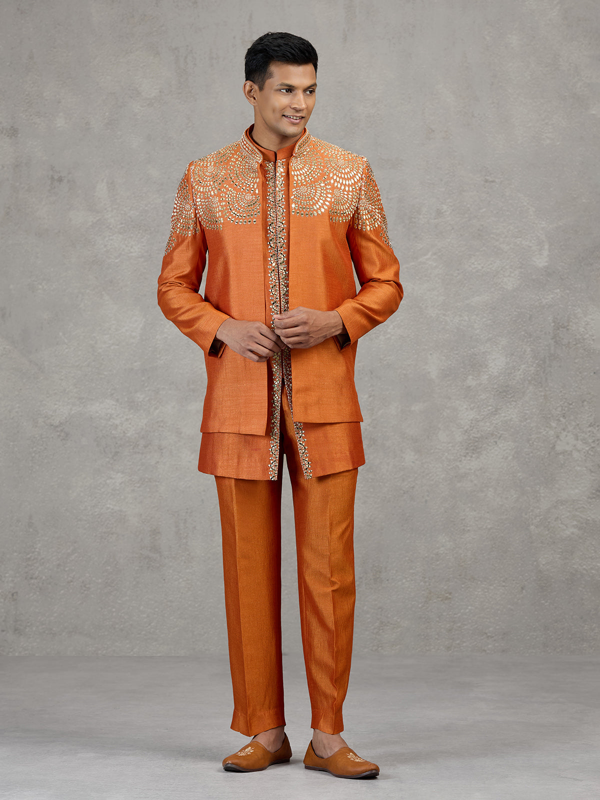 Orange silk wedding wear Indowestern set with mirror work