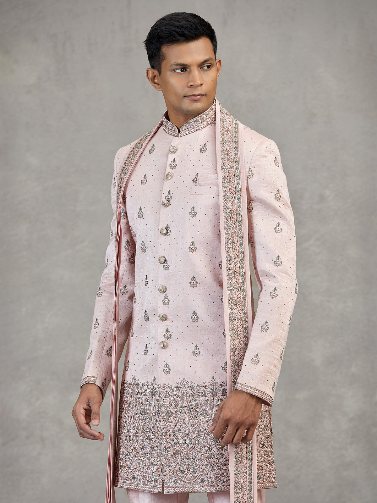 Light pink silk Indowestern set with dupatta