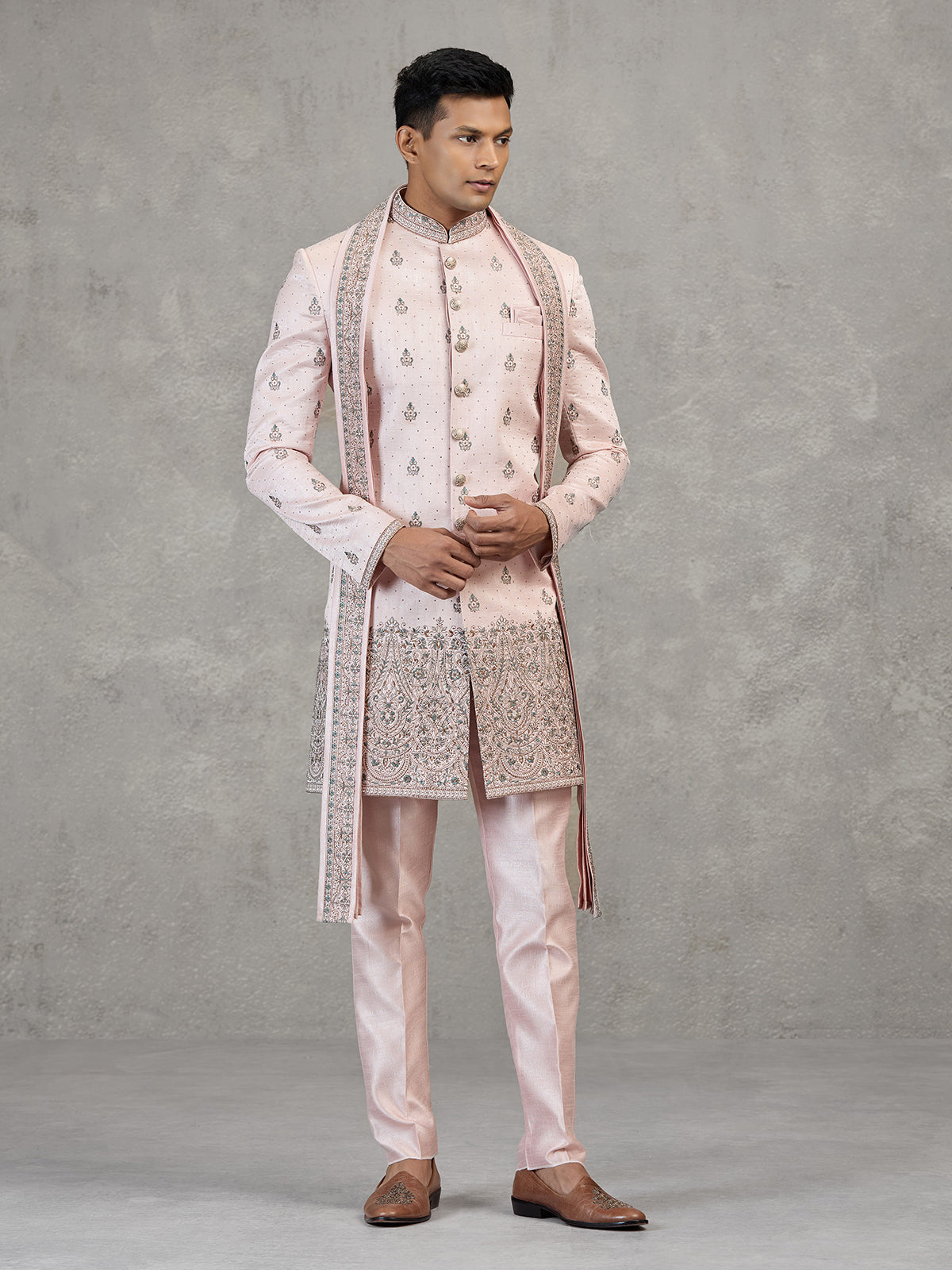 Light pink silk Indowestern set with dupatta