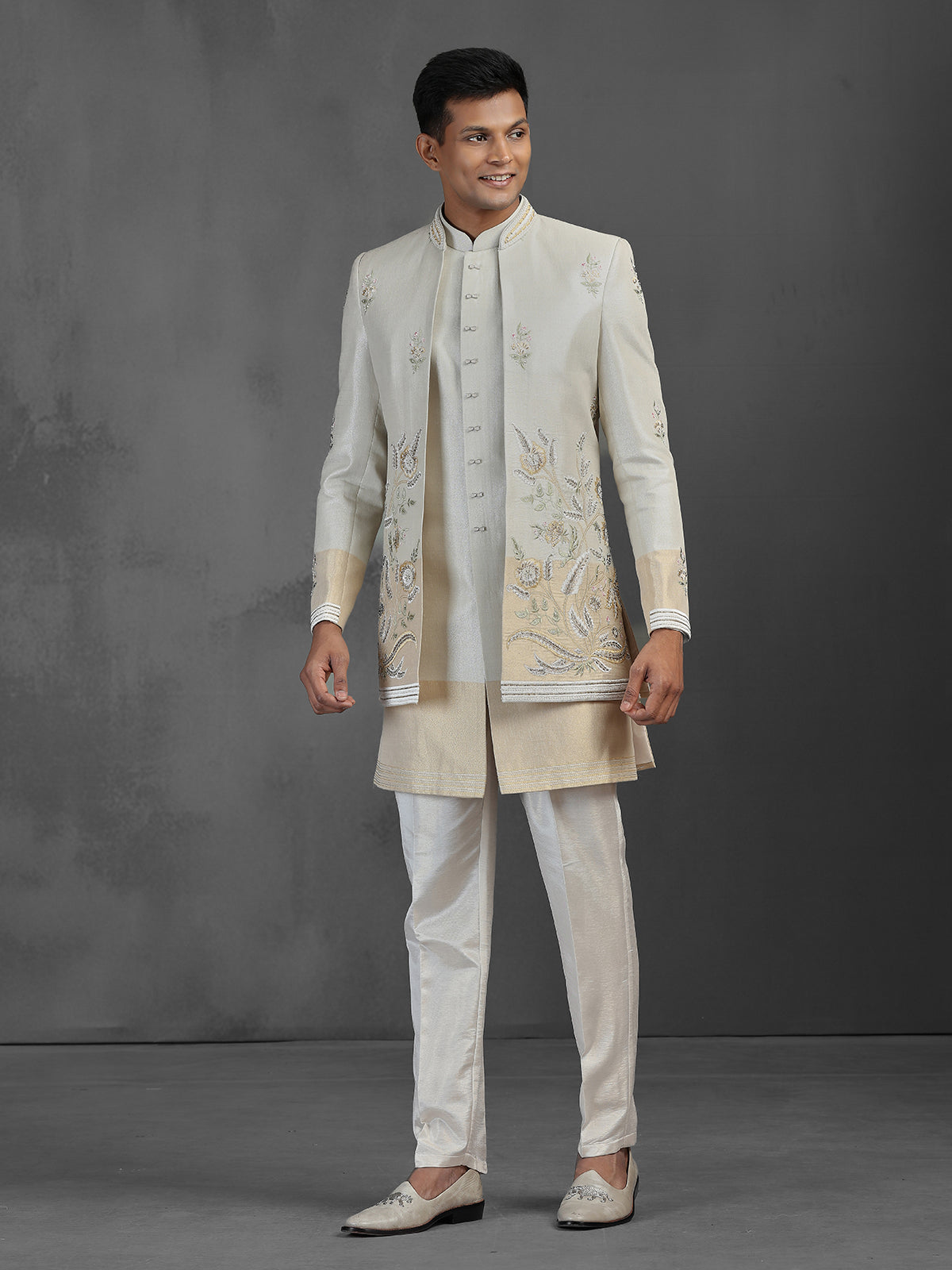 Beige and gold silk jacquard Indowestern set with intricate embellishments