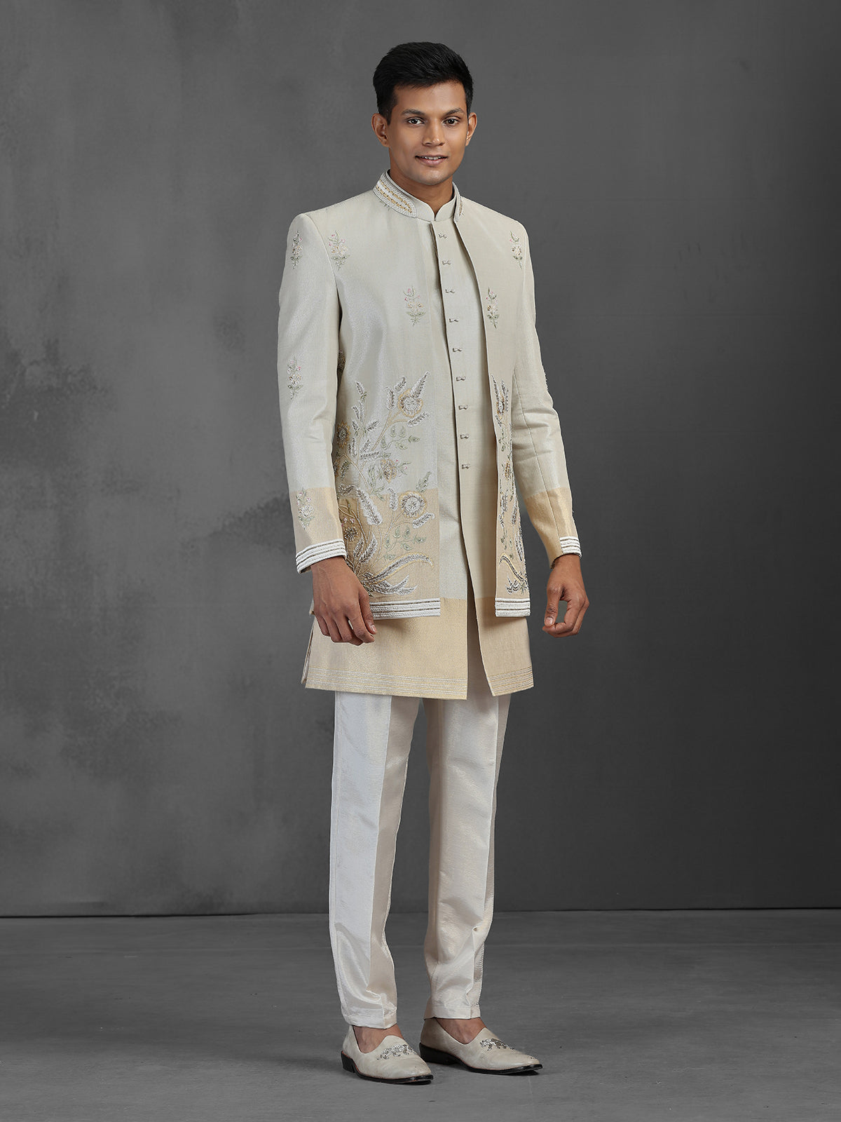 Beige and gold silk jacquard Indowestern set with intricate embellishments