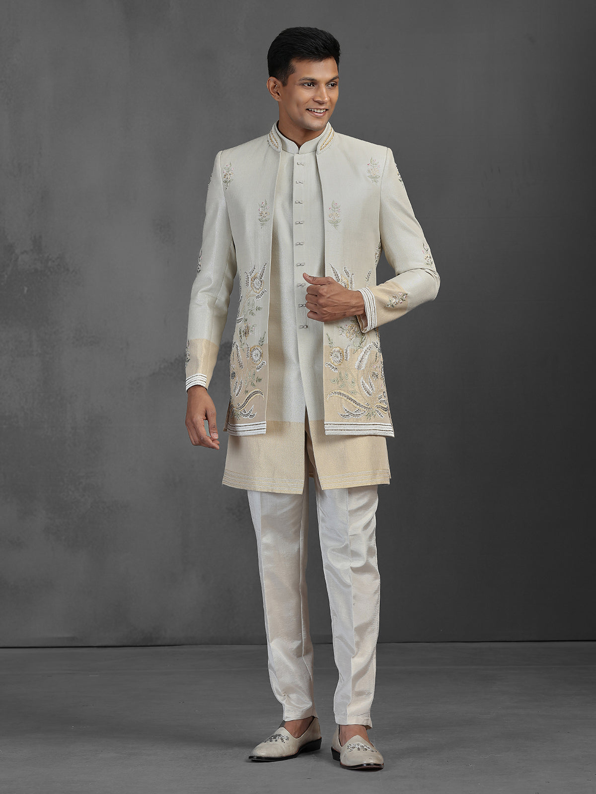 Beige and gold silk jacquard Indowestern set with intricate embellishments
