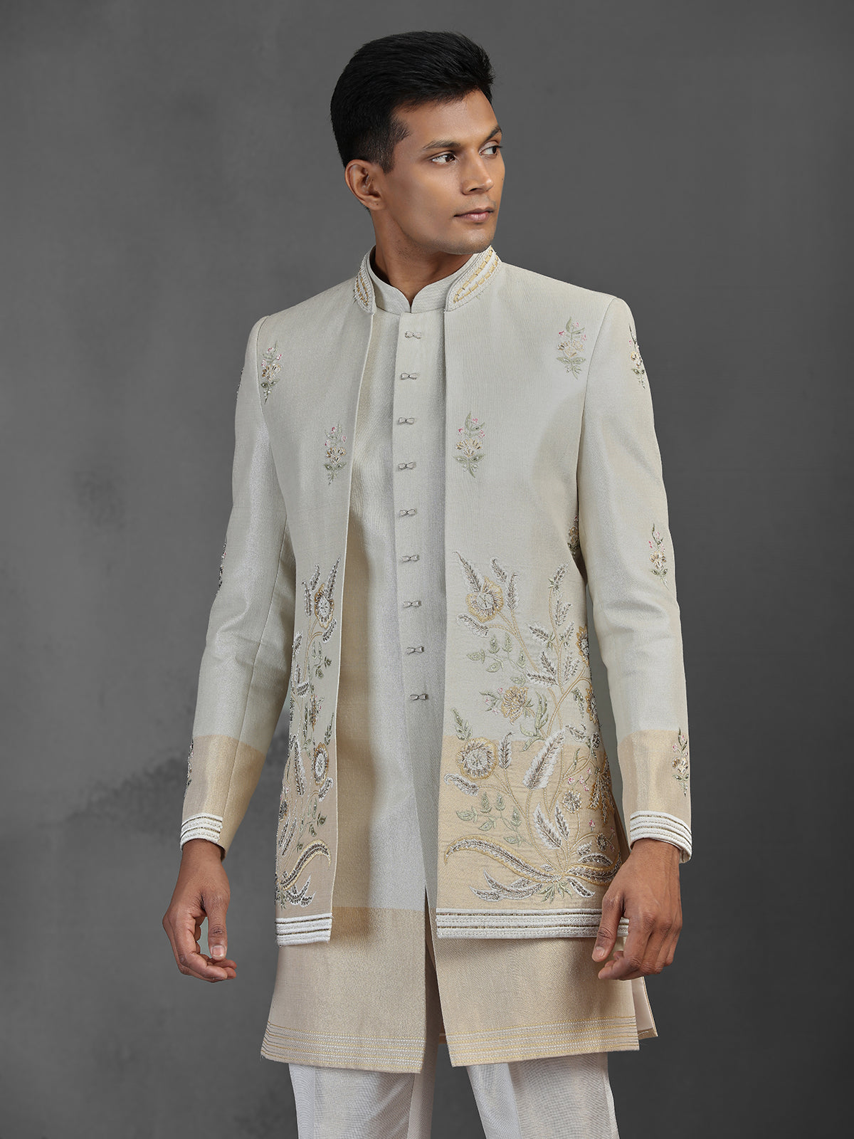 Beige and gold silk jacquard Indowestern set with intricate embellishments