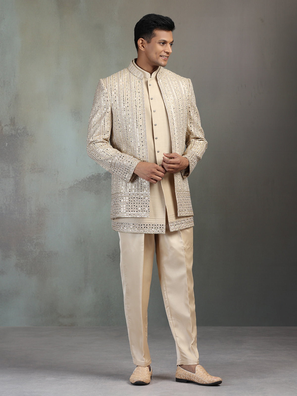 Gold mirror worked silk blend Indowestern set for men