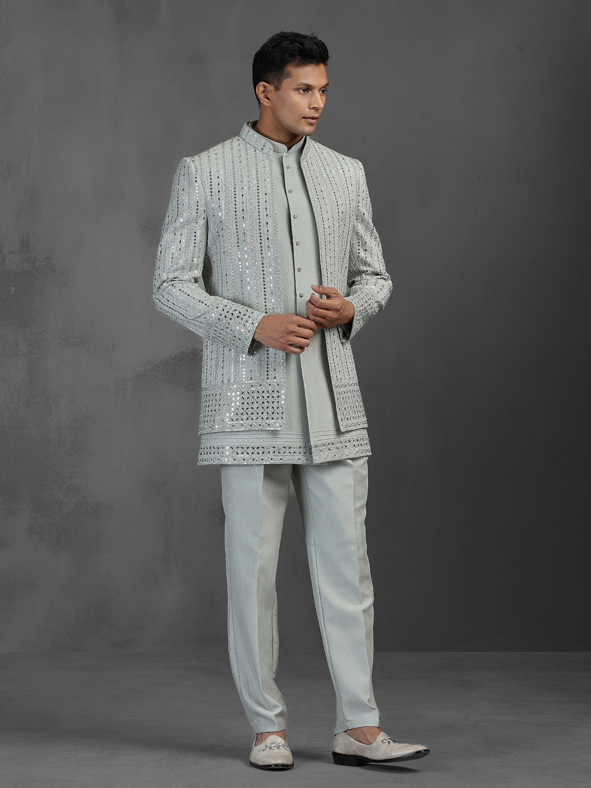 Pearl grey with pista tone mirror worked silk blend Indowestern set for reception