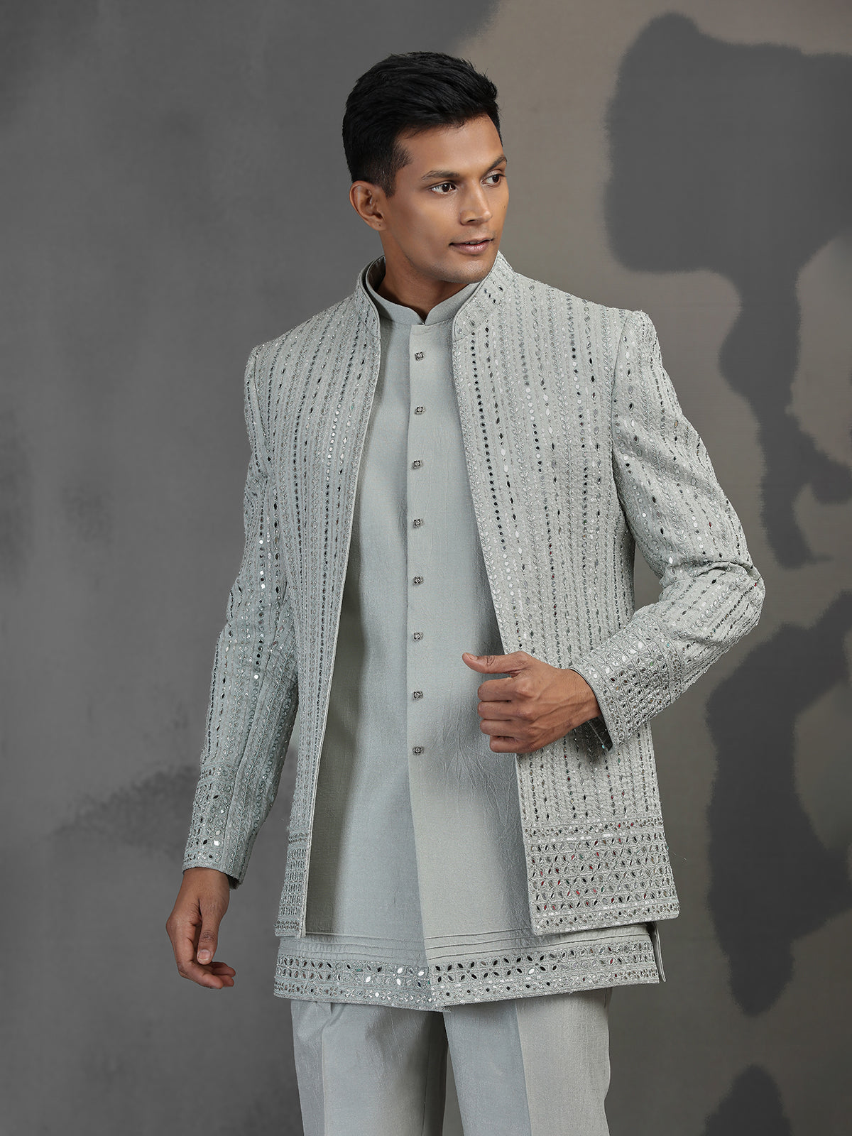 Pearl grey with pista tone mirror worked silk blend Indowestern set for reception