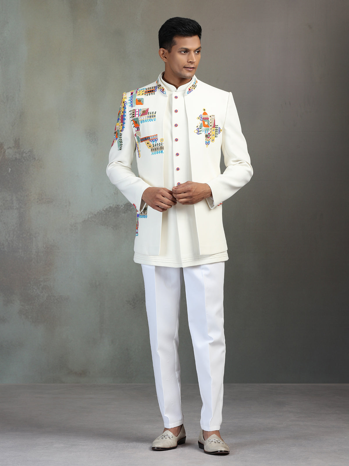 Off white terry rayon Indowestern set with multicolor bead detailing