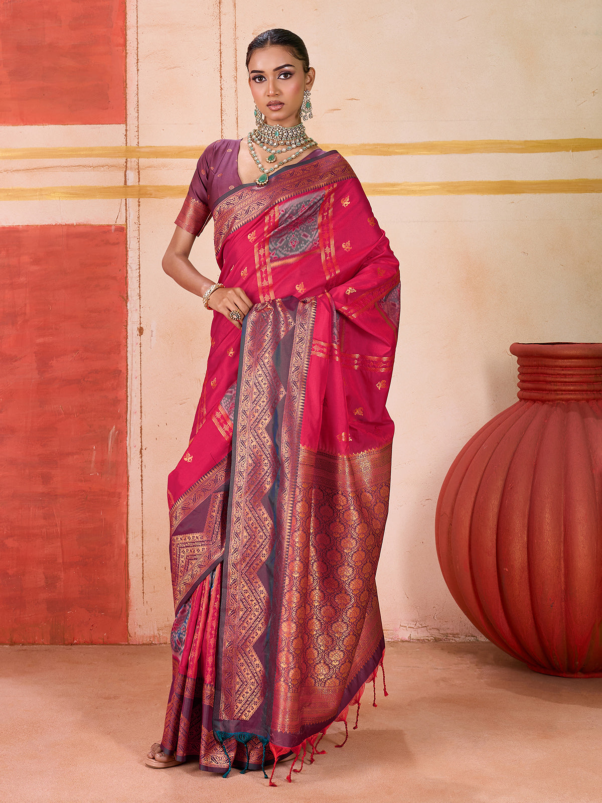 Red silk festive wear saree with rich zari shine