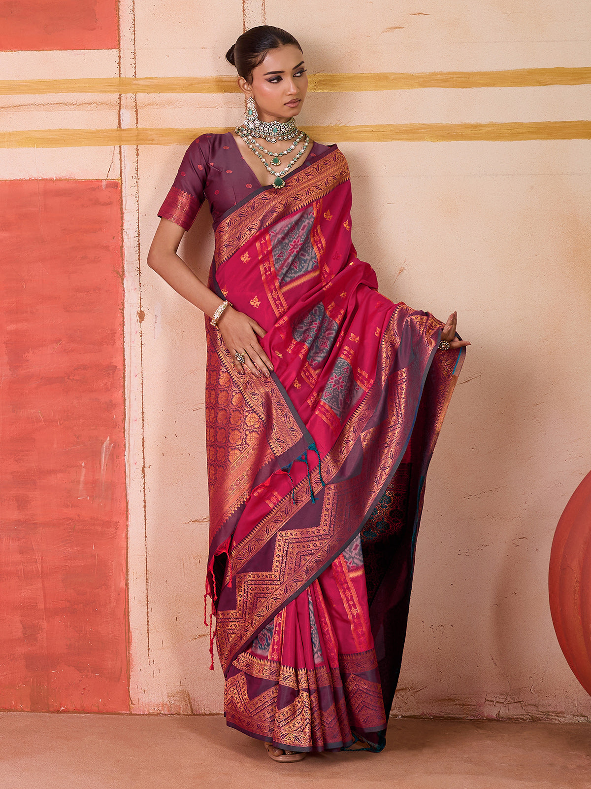 Red silk festive wear saree with rich zari shine