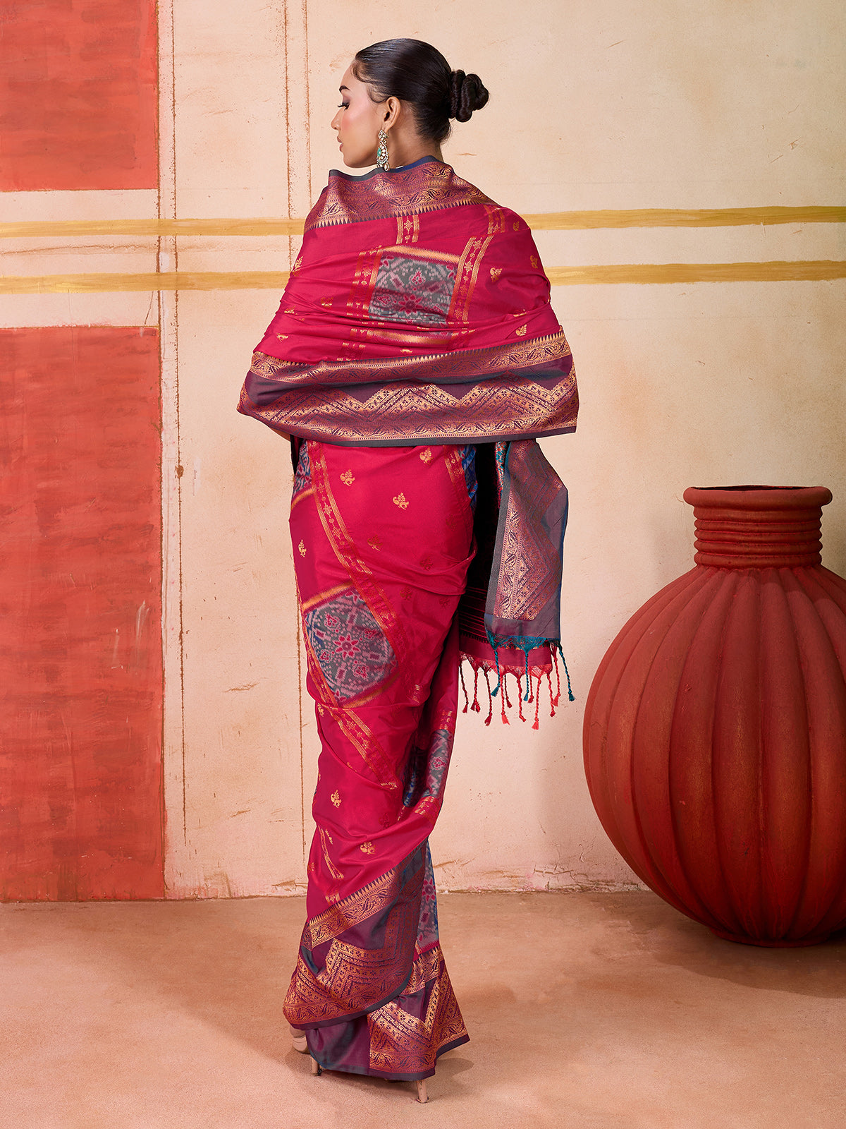 Red silk festive wear saree with rich zari shine