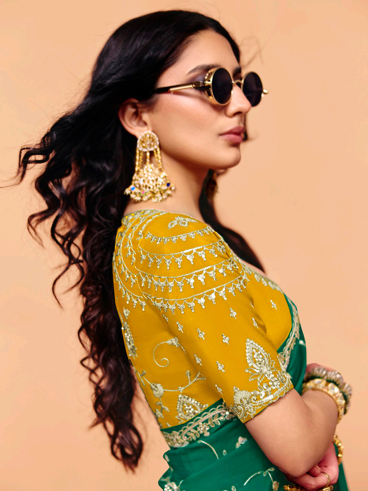 Emerald green tissue silk embroidered work festive saree
