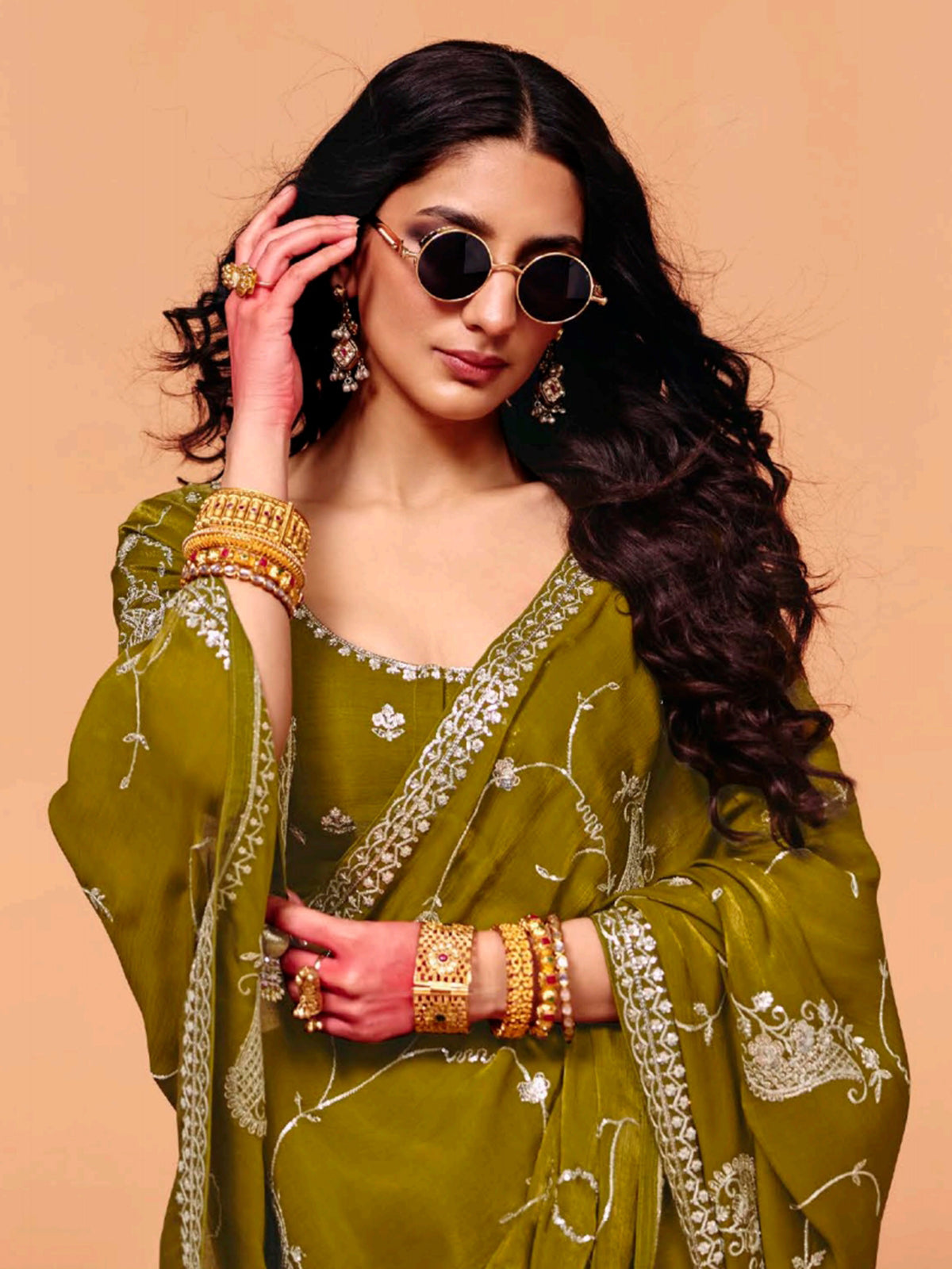 Mehendi olive tissue silk elegant festive wear saree