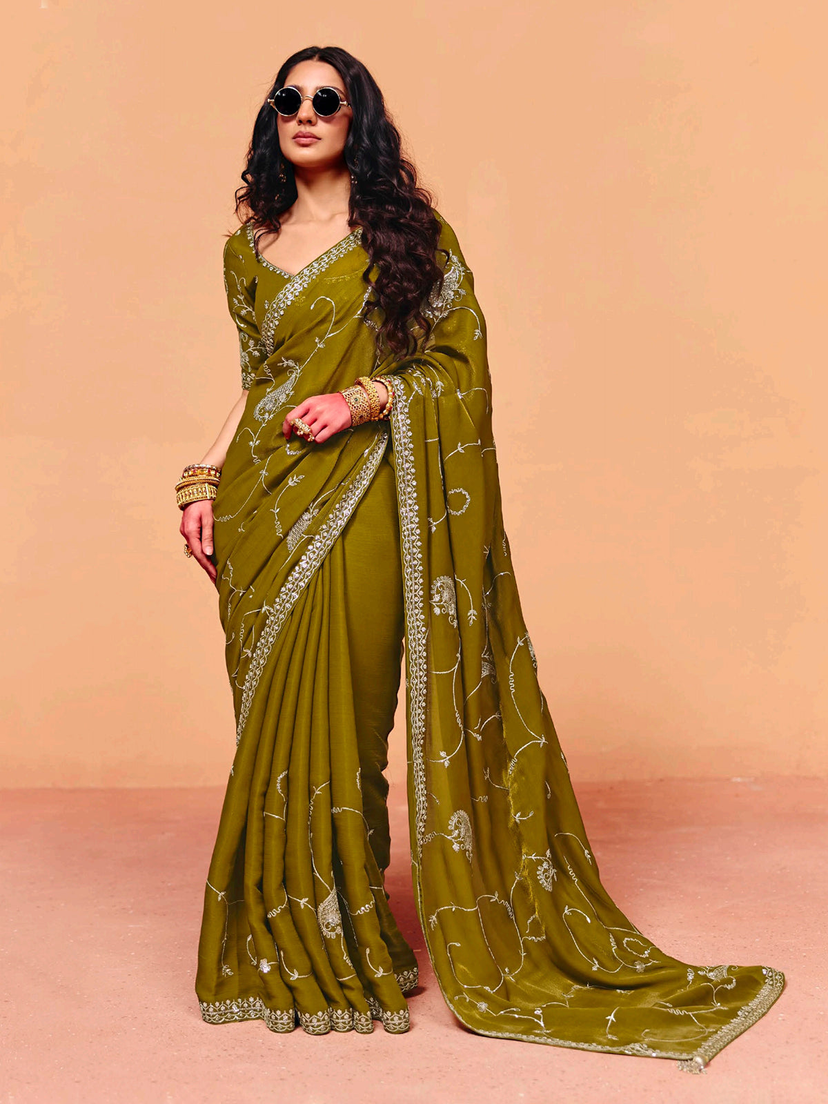 Mehendi olive tissue silk elegant festive wear saree