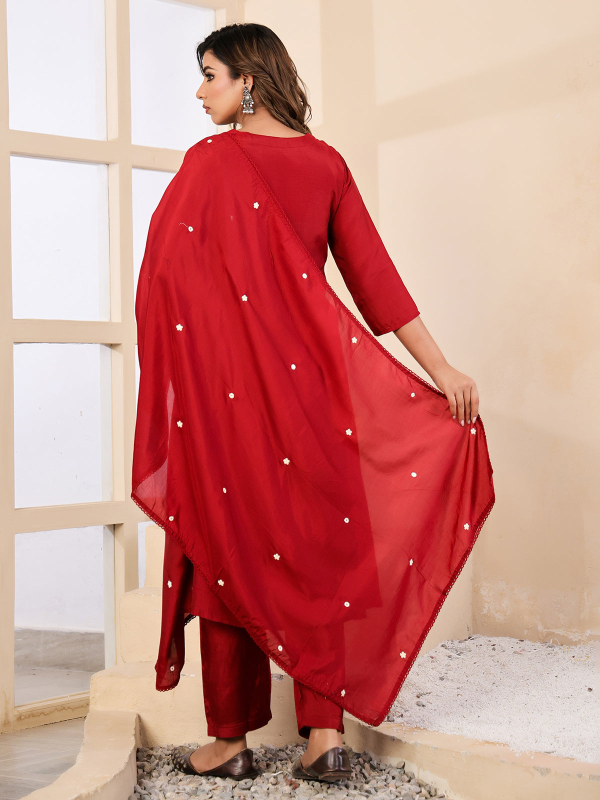 Maroon silk mirror thread work festive kurti set