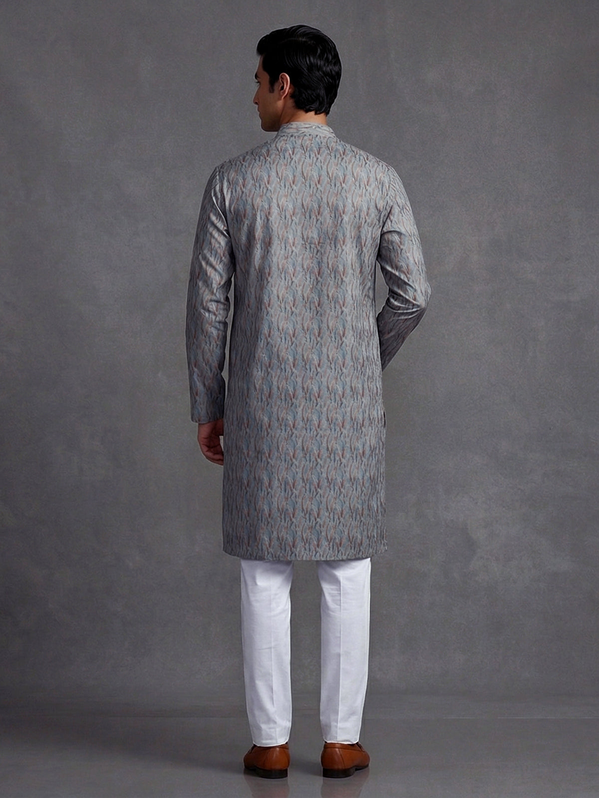 Grey cotton silk printed festive kurta suit