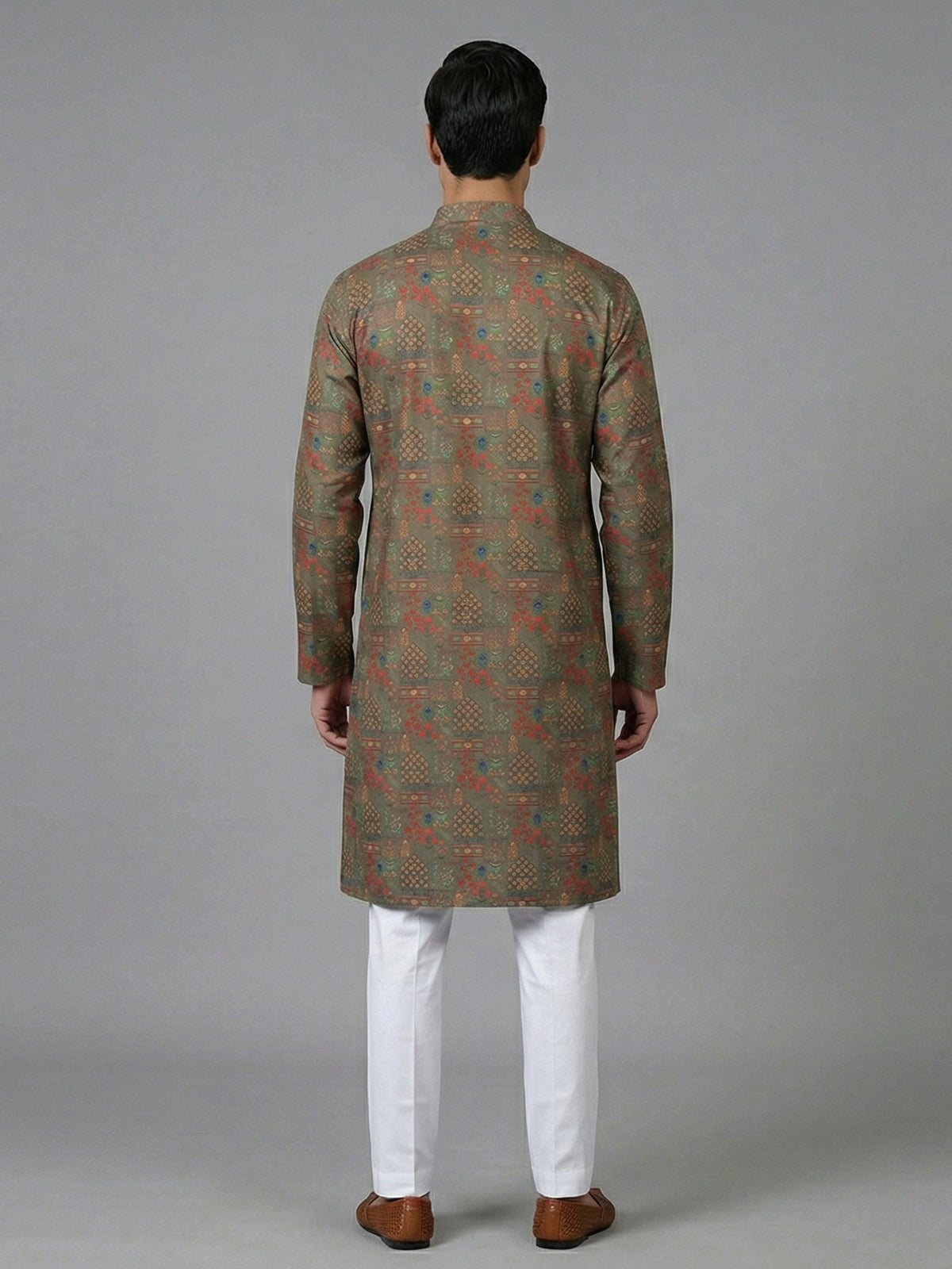 Mehendi olive cotton silk printed festive kurta suit