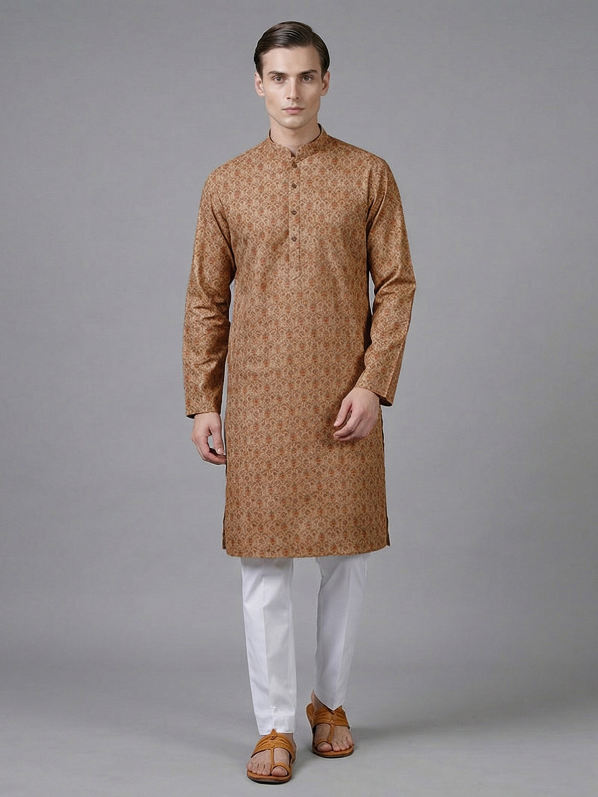 Dusty peach cotton silk printed festive kurta suit
