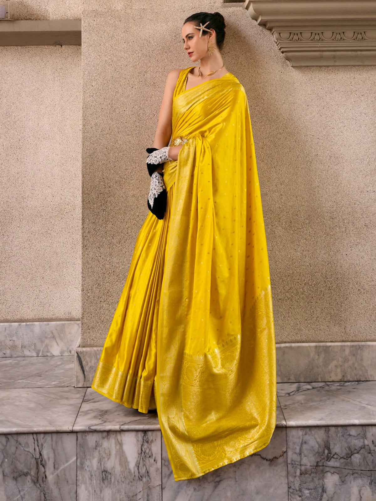 Bright yellow satin crepe silk festive zari saree