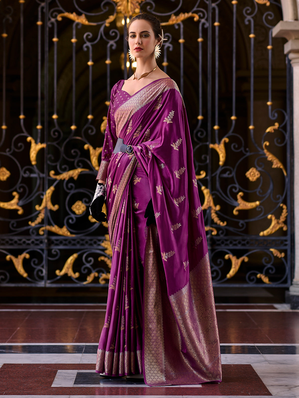 Deep purple satin crepe silk traditional zari saree