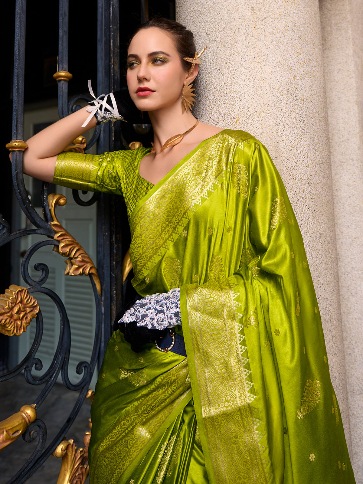Fresh green satin crepe silk mehendi special saree