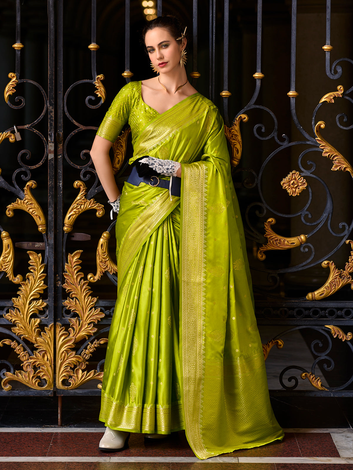 Fresh green satin crepe silk mehendi special saree