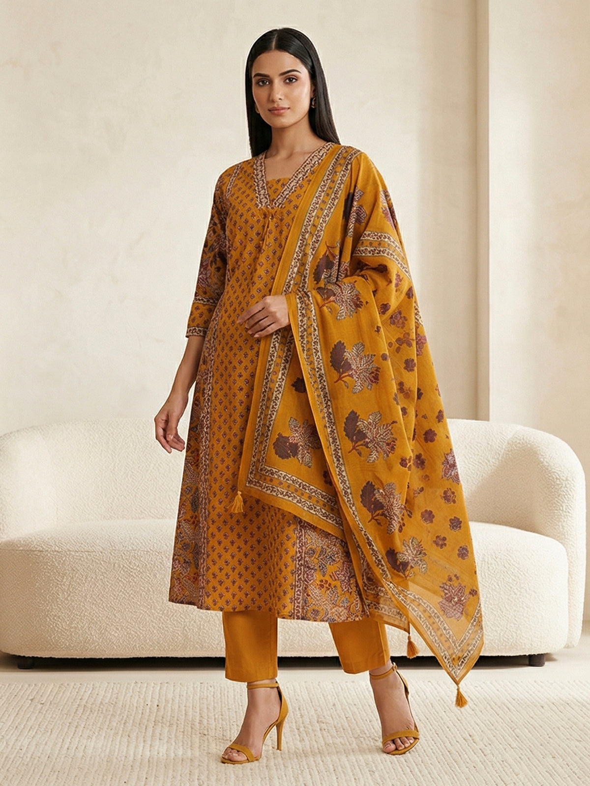 Mustard yellow silk printed casual festive kurti set