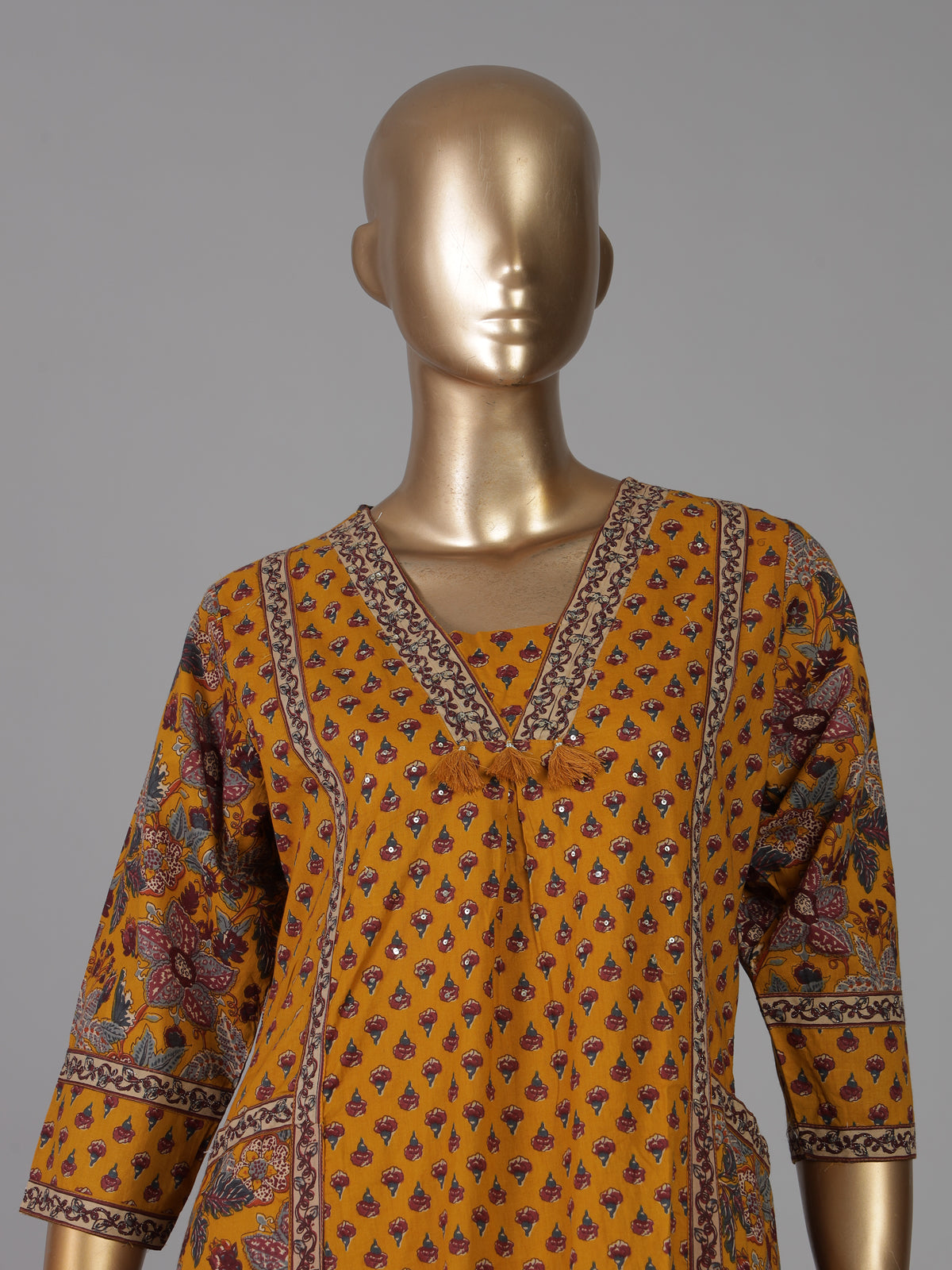 Mustard yellow silk printed casual festive kurti set