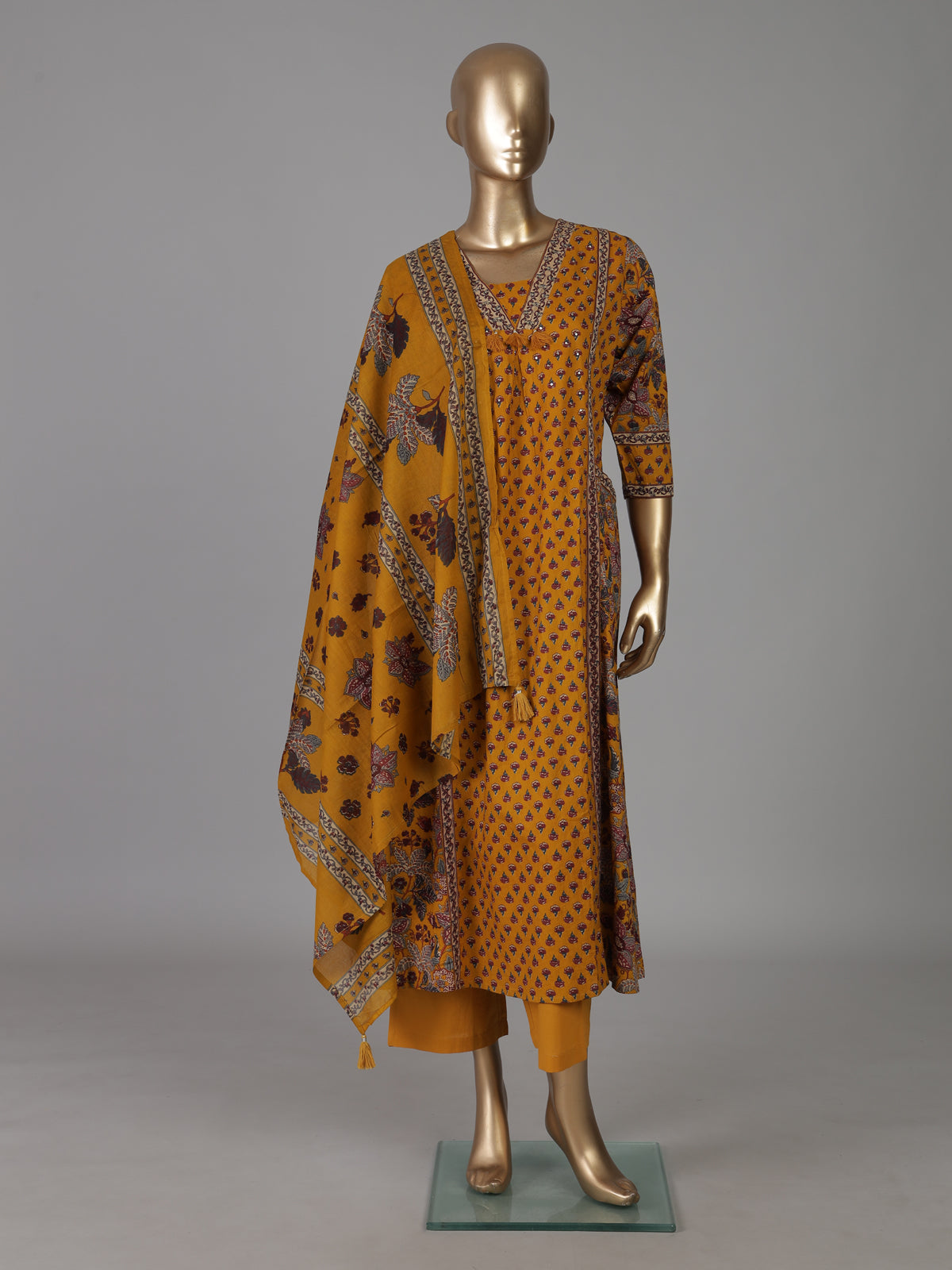 Mustard yellow silk printed casual festive kurti set