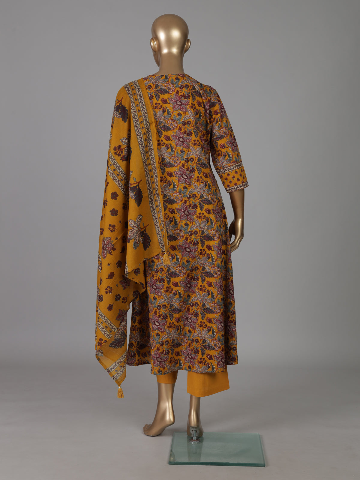 Mustard yellow silk printed casual festive kurti set