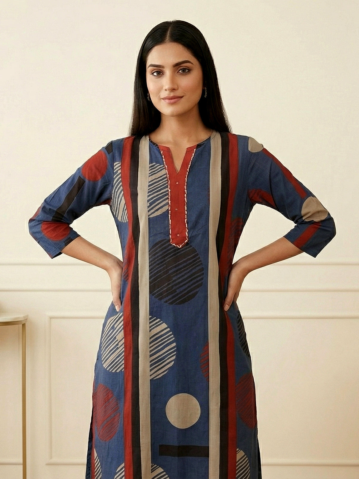 Navy blue cotton silk printed festive kurti set with dupatta