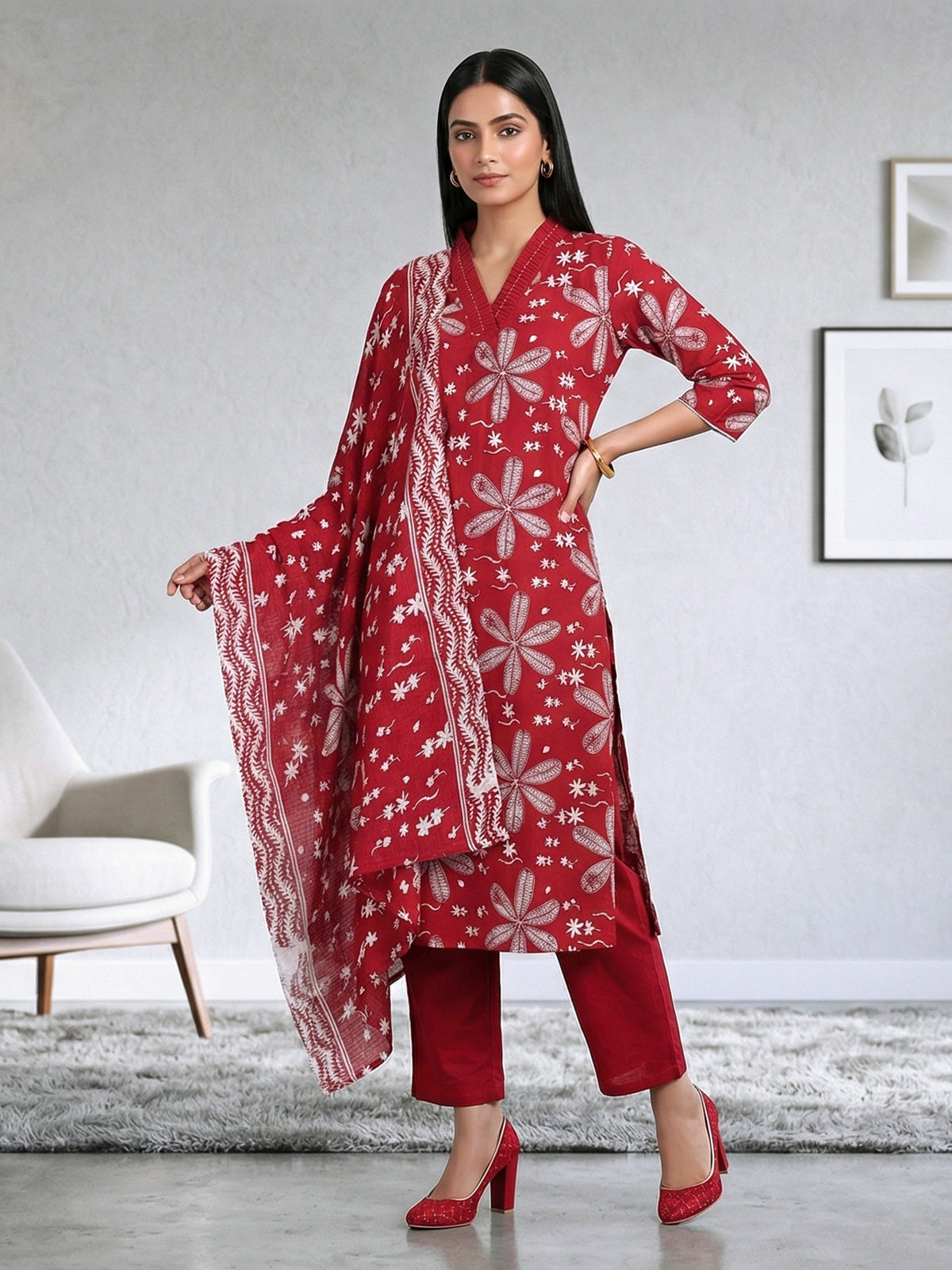 Maroon cotton silk floral printed festive kurti pant set