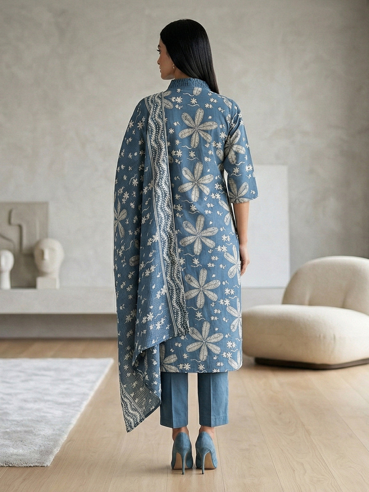 Stone grey cotton silk floral printed casual kurti set