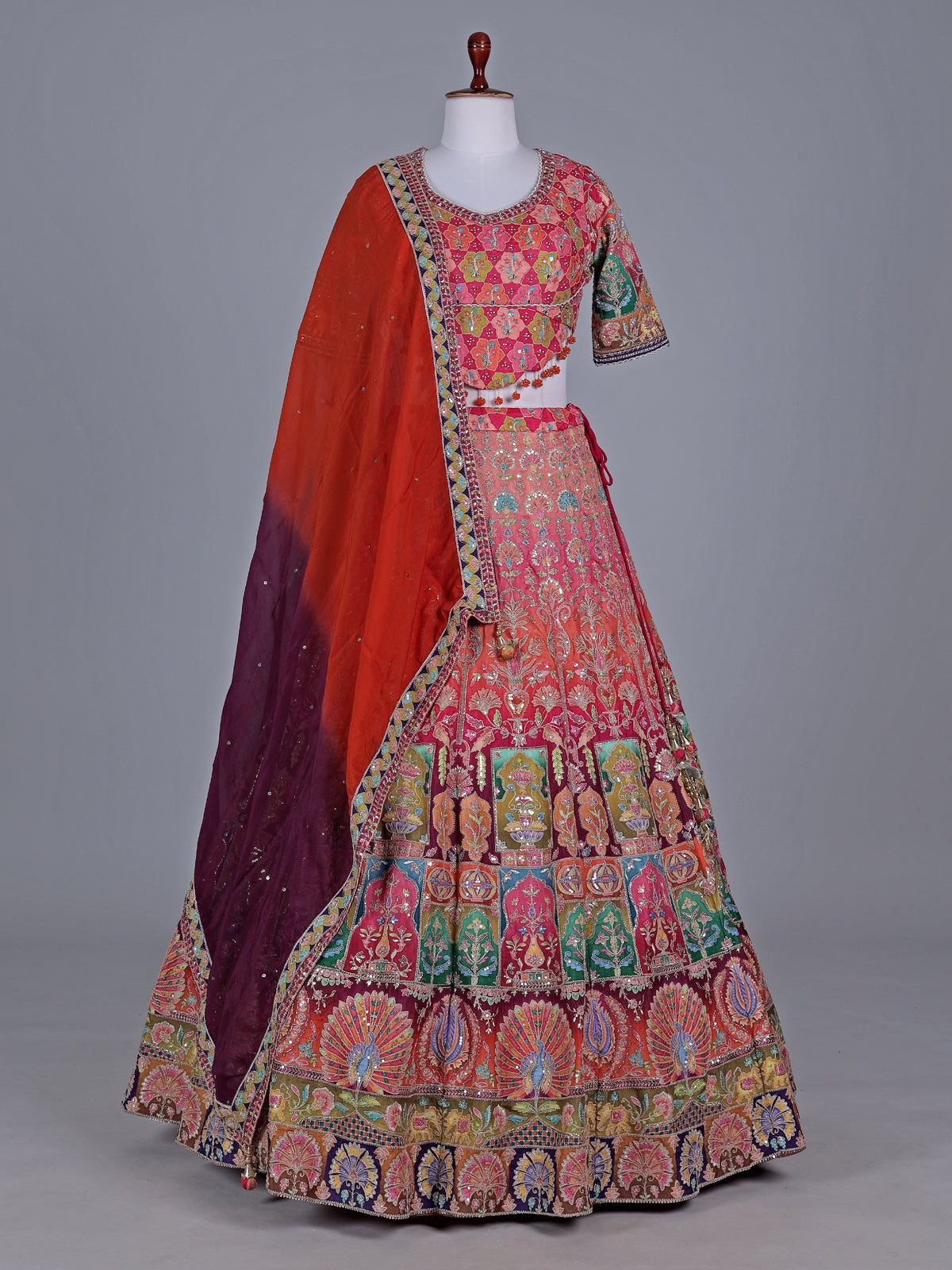 Multicolor silk motif half sleeve festive lehenga choli
