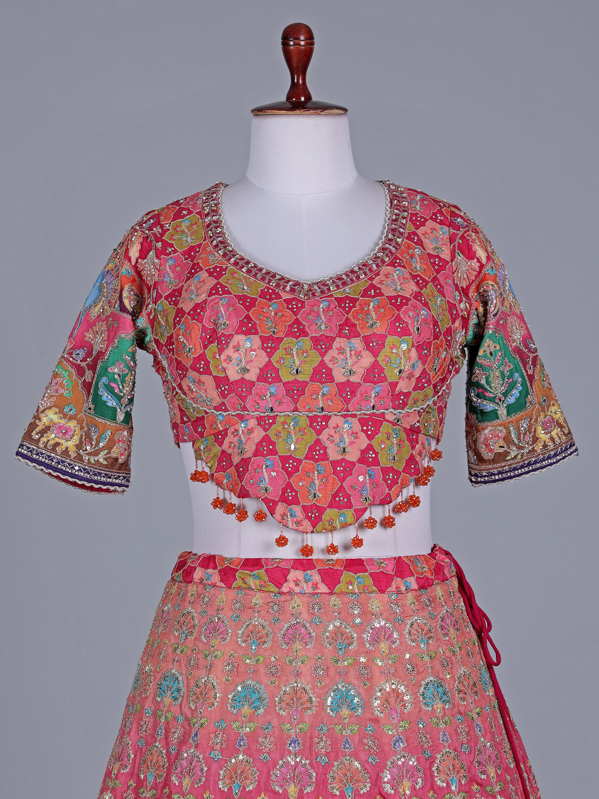 Multicolor silk motif half sleeve festive lehenga choli