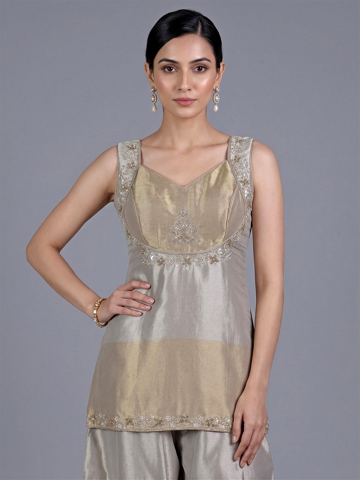 Golden silk sweetheart neck embellished festive palazzo suit