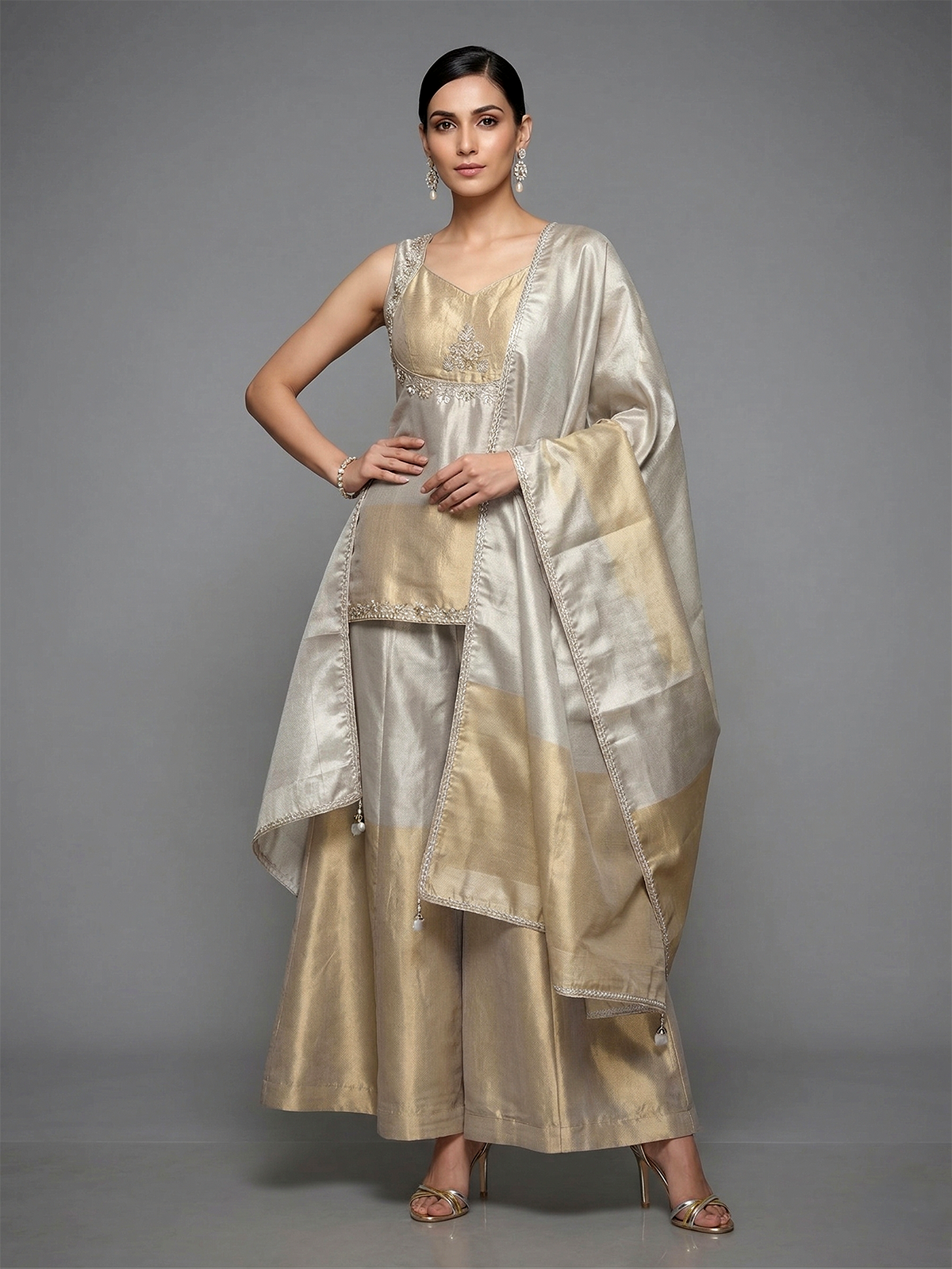 Golden silk sweetheart neck embellished festive palazzo suit