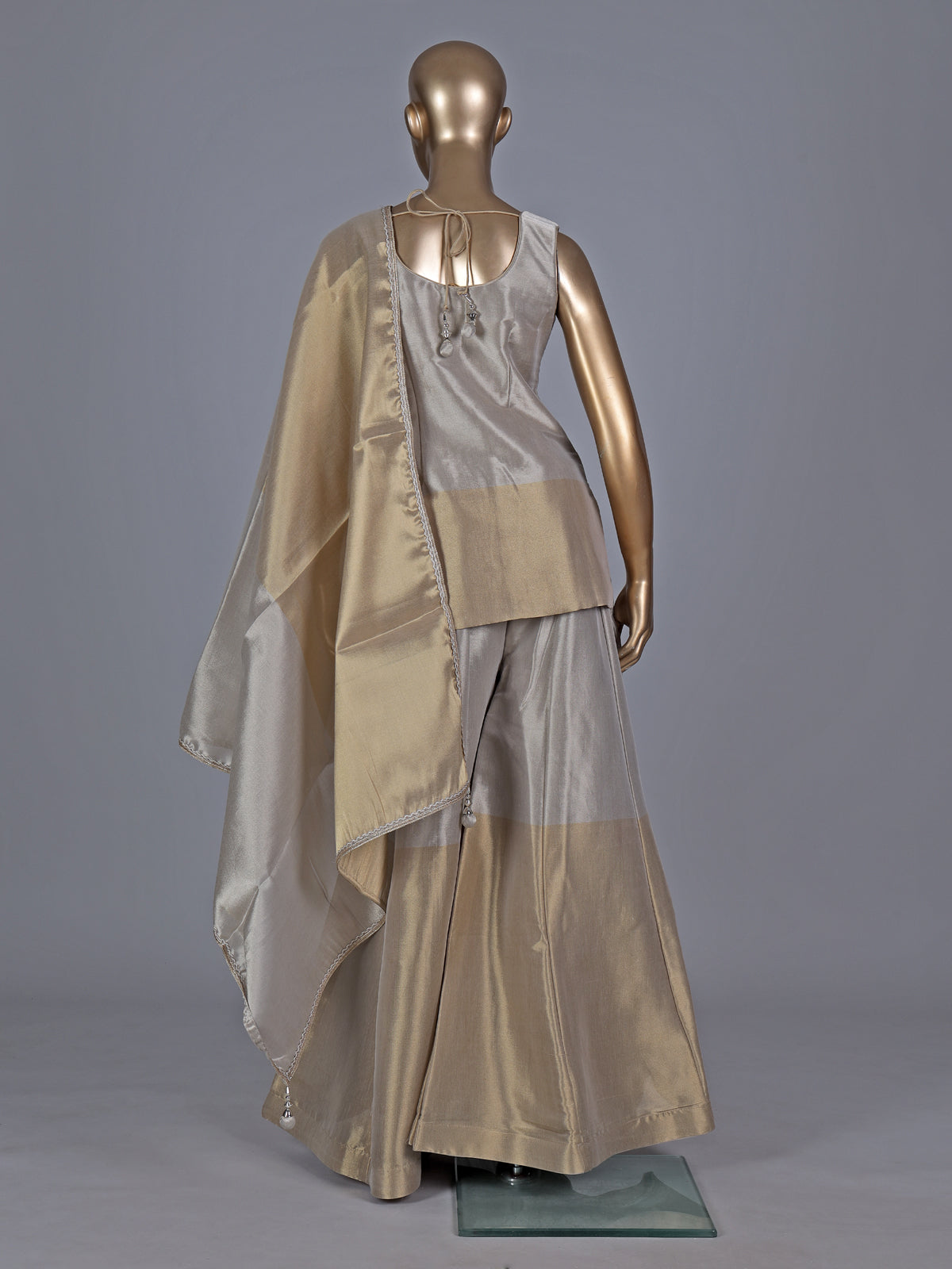 Golden silk sweetheart neck embellished festive palazzo suit