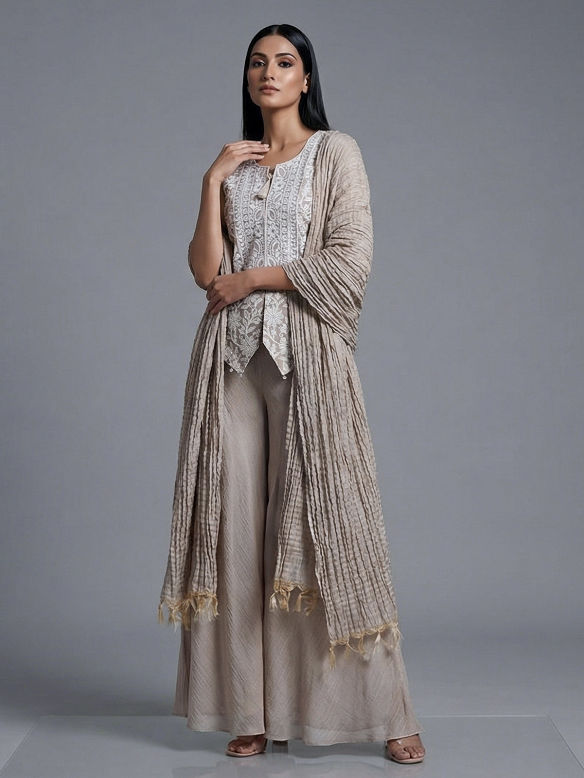 Beige chiffon silk embellished festive palazzo suit
